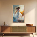 Ethereal Woman with Flowing Dress Framed Canvas Print, Dreamy Goddess Art Perfect as Above Sofa or Romantic Bedroom Wall Decor