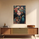 Goddess Art Framed Canvas Print Featuring Whimsical Floral Headdress and Bird Art, Boho Bedroom Art with Vibrant Chinoiserie Vibes