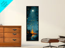 Moonlit Campfire, forest at dusk painting, moody art, rustic decor, vertical wall art, boho art, Canvas Print