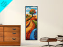 Colorful Fields, folk art, Russian folk art, pink orange wall art, bright and bold, framed canvas print, extra wide art