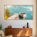 Wooden dock, rowboat, lake, marsh painting, fisherman painting, coastal decor, rustic wall art, framed canvas print, guest room art