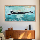Woman Swimming, teal wall art, moody art, minimalist art, extra wide art, coastal decor, beach house art, Canvas Print