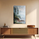 Coastal Cliff, ocean waves, pine tree art, landscape painting, coastal wall art, rustic decor, framed canvas print, nautical art