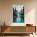 Sunset Reflection, pine tree art, landscape painting, teal wall art, Joshua tree art, framed canvas print, extra wide art