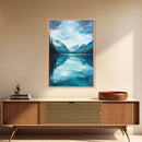 Serene Lake Reflection, lake Tahoe art, panoramic painting, above couch art, blue and green wall art, Framed Canvas Print