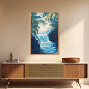 Jungle Waterfall View, tropical landscape painting, botanical prints, blue and green wall art, canvas print, extra wide art