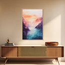 coastal decor, mountain painting, pink orange wall art, sunrise painting, landscape painting, Framed Canvas Print, abstract wall art