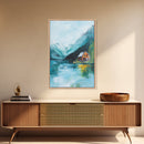 Cabin by Lake, lake Tahoe art, mountain painting, rustic wall art, bedroom art, nature wall art, framed canvas print, home decor
