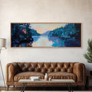 Twilight Lake Reflections Framed Canvas Print, Moody Landscape Painting, Dark Blue Nature Wall Art, Bedroom Art, Wilderness Artwork