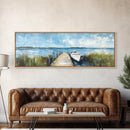 Lakeside Dock Framed Canvas Print Tranquil Waterfront Art Boat Painting Relaxing Cabin Decor Nautical Wall Art Rustic Living Room