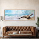Driftwood on the Beach, Tranquil Coastal Landscape Wall Art, Serene Ocean Painting, Minimalist Seascape Decor, Relaxing Artwork