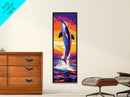 Dolphin Jump, Ocean Sunset Art, Framed Canvas Print, Vibrant Marine Life, Coastal Home Decor, Sea Animal Art, Beach House Wall Art