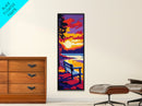 Peaceful Lakeside Bench, Canvas Print, Nature Scene, Vibrant Sunset Wall Art, Cozy Home Decor, Serene Reflection, Boho Living Style
