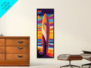 Sunset Surfboard, Ocean Wall Art, Coastal Living Decor, Vibrant Beach Painting, Surfer Aesthetic, Tropical Art, Framed Canvas Print