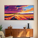 Golden Field Sunset, Canvas Print, Rustic Landscape Art, Vibrant Autumn Painting, Boho Aesthetic, Warm Tones, Living Room Wall Decor