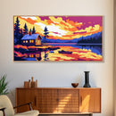 Cabin Lake, Sunset Reflection, Framed Canvas Print, Cozy Cottage Wall Art, Nature Landscape Painting, Fall Vibes, Living Room Art