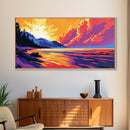 Lakeside Sunset, Vibrant Landscape Art, Warm Color Nature Scene, Bold Scenic Print, Framed Canvas Print, Living Room Wall Art