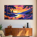 Serene Sunset, Forest Lake, Vibrant Nature, Framed Canvas Print, Cabin Wall Art, Cozy Home Decor, Woodland Landscape, Fall Room Art