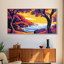 Coastal Sunset, Vibrant Landscape, Cliffside View, Framed Canvas Print, Beach House Wall Art, Tropical Home Art, Bright Wall Art