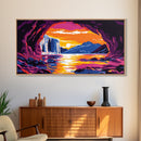 Sunset Waterfall, Cave Art, Nature Landscape, Rustic Home Decor, Wilderness Wall Art, Adventure Scene, Framed Canvas Print