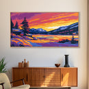 Snowy Sunset, Cabin Art, Winter Landscape, Cozy Lodge Decor, Scenic Mountain View, Rustic Living Room, Framed Canvas Print