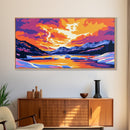 Frozen River, Mountain Sunset, Winter Landscape, Nature Wall Art, Cozy Home Aesthetic, Seasonal Framed Canvas Print