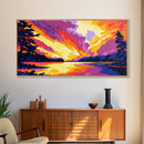 Fiery Sunset, Dramatic Sky, Scenic Nature Art, Landscape Home Decor, Warm Color Palette, Modern Framed Canvas Print