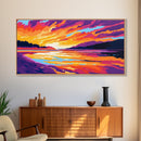 Scenic River, Golden Sunset, Vibrant Landscape, Warm Wall Art, Framed Canvas Print, Rustic Cabin Decor, Living Room Artwork