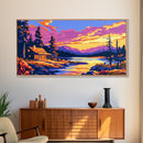 Log Cabin, River Sunset, Cozy Home Decor, Vibrant Nature Art, Framed Canvas Print, Rustic Wall Artwork, Mountain Scene
