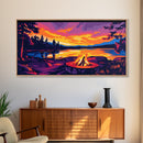 Campfire, Lake Sunset, Cozy Cabin Art, Vibrant Nature Scene, Framed Canvas Print, Outdoor Adventure Art, Rustic Home Decor