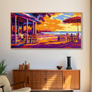 Beach Café, Vibrant Coastal Scene, Warm Color Wall Art, Sunset Patio Print, Boho Home Decor, Framed Canvas Print, Dining Room Wall Art