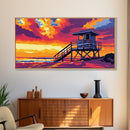 Lifeguard Tower, Beach Sunset, Coastal Landscape, Ocean Home Decor, Framed Canvas Print, Modern Wall Art, Vibrant Seaside Scene