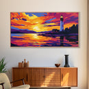 Seaside Lighthouse, Golden Sunset, Ocean Wall Art, Nautical Decor, Framed Canvas Print, Coastal Living Room Artwork, Vibrant Landscape
