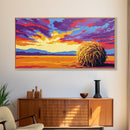 Haystack Field, Golden Sky, Rustic Farmhouse Art, Autumn Country Scene, Framed Canvas Print, Warm Home Decor, Vibrant Wall Artwork