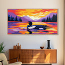 Loon on Lake, Nature Wildlife Art, Tranquil Sunset Scene, Serene Wall Decor, Framed Canvas Print, Cozy Cabin Artwork, Outdoor Theme