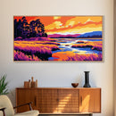 Marshland Sunset, Tranquil Water Scene, Vibrant Nature Art, Rustic Landscape Decor, Framed Canvas Print, Cabin Wall Artwork, Serene Style