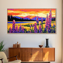 Mountain Meadow, Lupine Flowers, Vibrant Sunset, Framed Canvas Print, Colorful Landscape Art, Nature Wall Decor, Boho Home Art