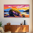 Mossy Rock, River Sunset, Nature Serenity, Framed Canvas Print, Rustic Landscape Art, Living Room Wall Decor, Boho Wilderness Art