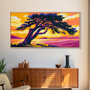 Windswept Tree, Sunset Lake, Coastal Tranquility, Framed Canvas Print, Modern Nature Wall Art, Earthy Boho Decor, Vibrant Landscape