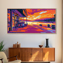 Lakeside Café, Sunset Art, Vibrant Landscape, Waterfront Decor, Modern Impressionism, Cozy Bistro Scene, Warm Tones, Canvas Print