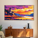 Windmill House, Lakeside Sunset, Vibrant Country Scene, Autumn Landscape, Rustic Home Decor, Serene Nature Art, Framed Canvas Print