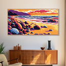 Rocky Shore, Ocean Sunset, Coastal Beauty, Framed Canvas Print, Beach House Wall Art, Nautical Decor, Vibrant Seascape, Ocean Inspired