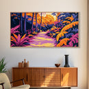 Tropical Path, Jungle Landscape, Exotic Nature, Boho Aesthetic, Sunset Colors, Vibrant Greenery, Bedroom Wall Art, Framed Canvas Print