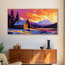 Mountain Cabin, Snowy Retreat, Cozy Lodge, Vibrant Sunset, Nature Art, Rustic Home Aesthetic, Living Room or Bedroom, Canvas Print