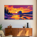 Lakeside Sunset, Golden Reflection, Peaceful Landscape, Vibrant Colors, Nature Lover’s Decor, Cozy Home Art, Framed Canvas Print