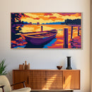 Wooden Boat, Serene Water Landscape, Calm Lake Scene, Vibrant Sunset Art, Framed Canvas Print, Living Room Wall Decor, Rustic Home Style