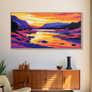 Serene River, Vibrant Sunset, Nature Artwork, Mountain View, Colorful Wall Art, Rustic Home, Living Room, Canvas Print