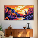 Autumn Stream, Colorful Landscape, Sunset Sky, Warm Tones, Nature Wall Art, Cozy Cabin Decor, Fall Season, Framed Canvas Print
