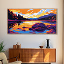 Mountain Lake, Tranquil Waters, Serene Landscape, Colorful Sky, Nature Wall Art, Office Space, Rustic Style, Canvas Print