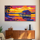 Cabin on Water, Peaceful Lakeside Art, Vibrant Sunset Reflection, Cozy Retreat Decor, Framed Canvas Print, Bedroom Artwork, Home Ambiance